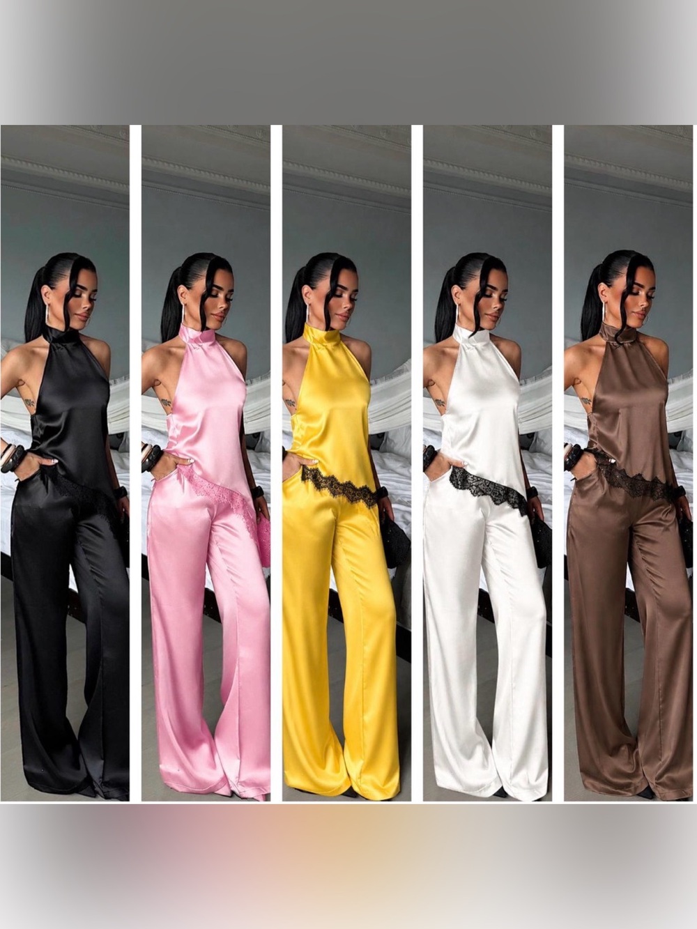 2PCs Asymmetrical Lace Trim Satin Halter-Neck Wide-Leg Pant Set
